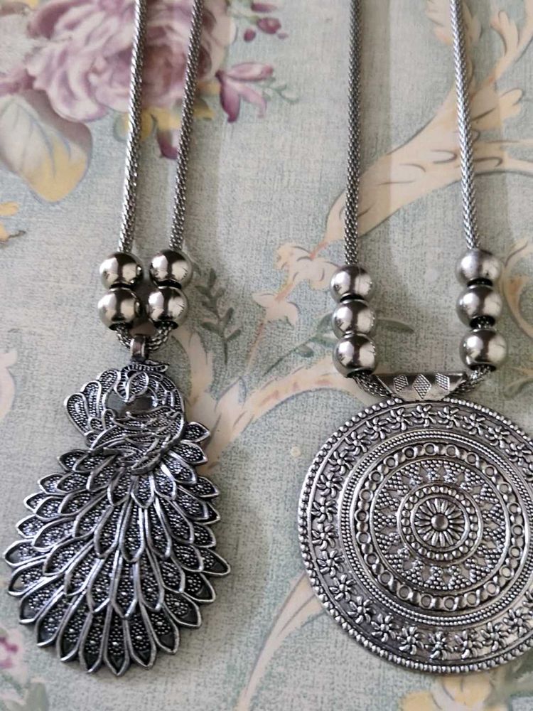 Boho Oxidized Silver Peacock &amp; Mandala Necklaces