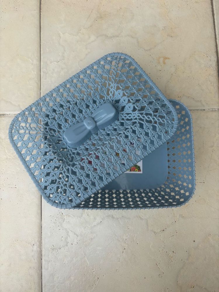 Combo of Blue Plastic Storage Basket with Lid and