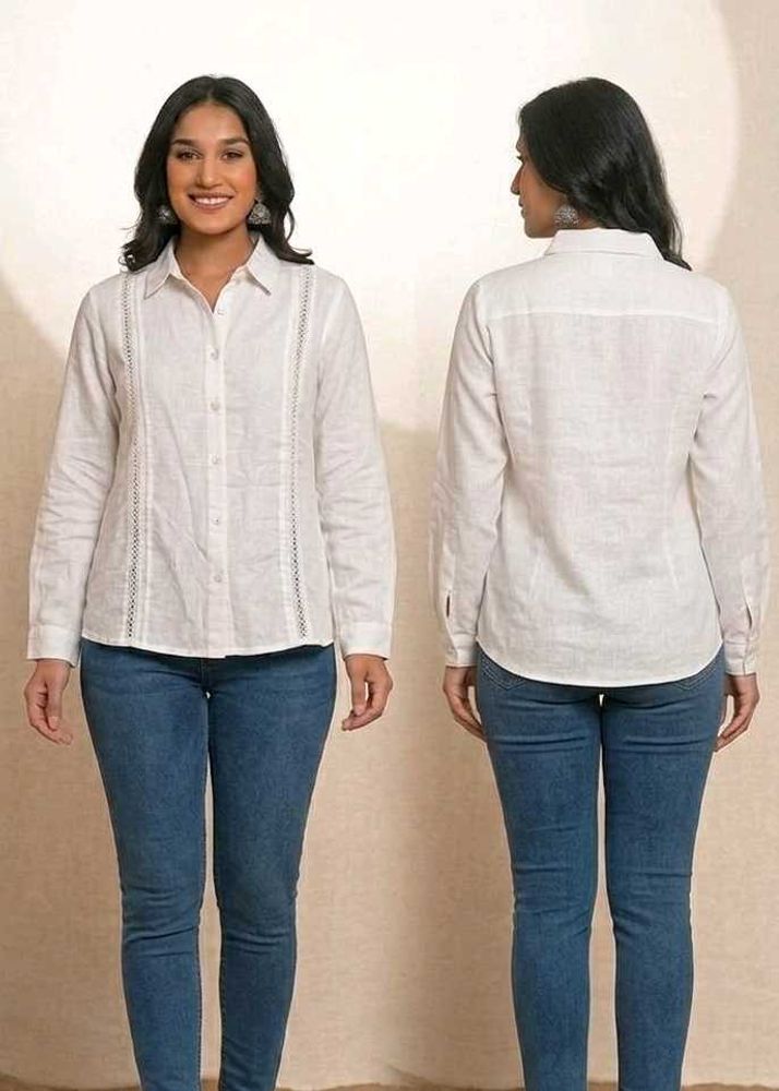 Chic White Lace Trimmed Button-Up Shirt