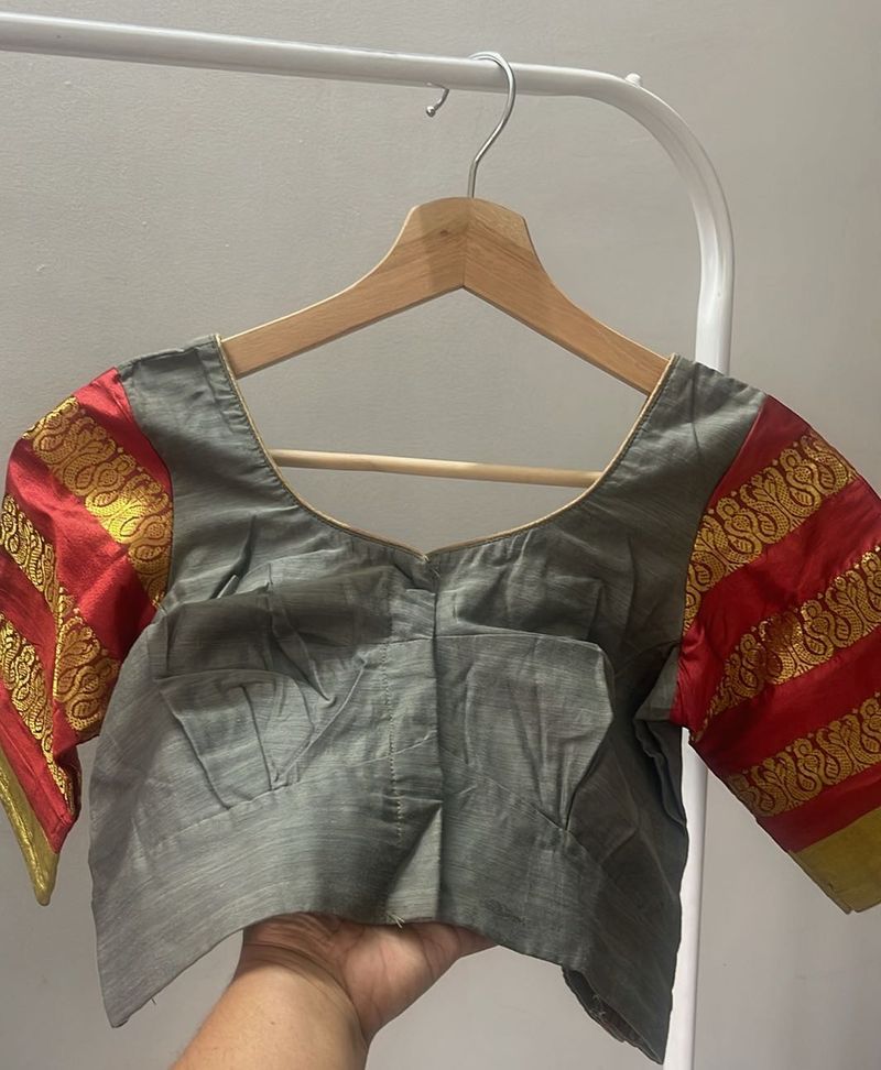 Elegant Grey Blouse with Red &amp; Gold Sleeves