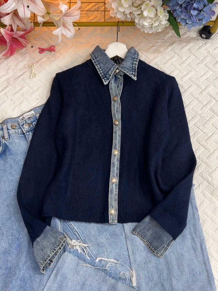 Denim Collar Navy Sweater