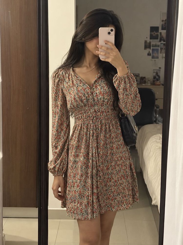 Zara Floral Print Ruched Waist Dress
