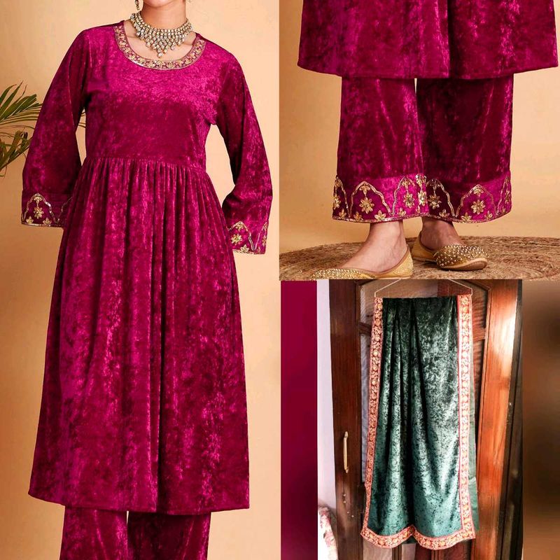 Velvet Embroidered Kurta Set with Pants &amp; Dushala