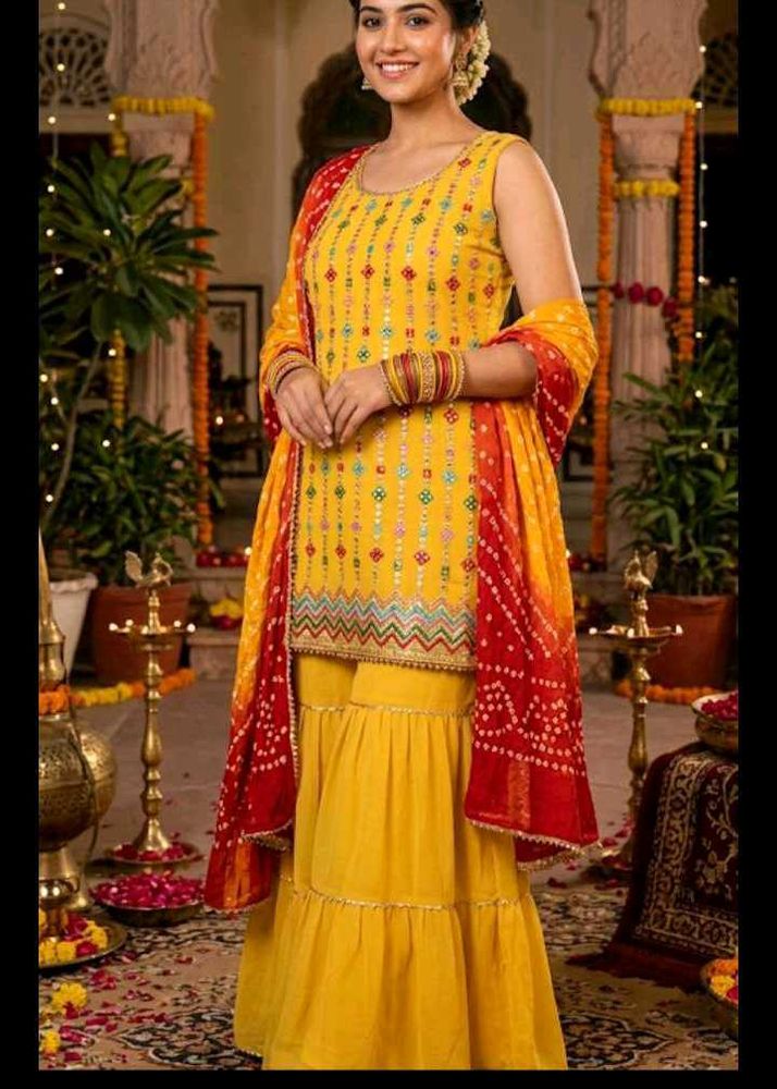 bust 40 Yellow Embroidered Kurta Set with Dupatta