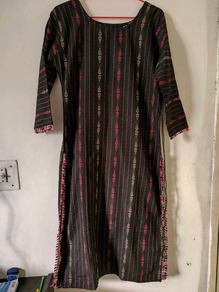 Black Printed Kurta with Tassels