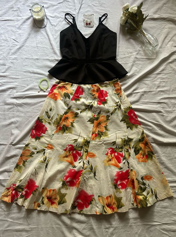 Chic Black Peplum Top &amp; Floral Skirt Set
