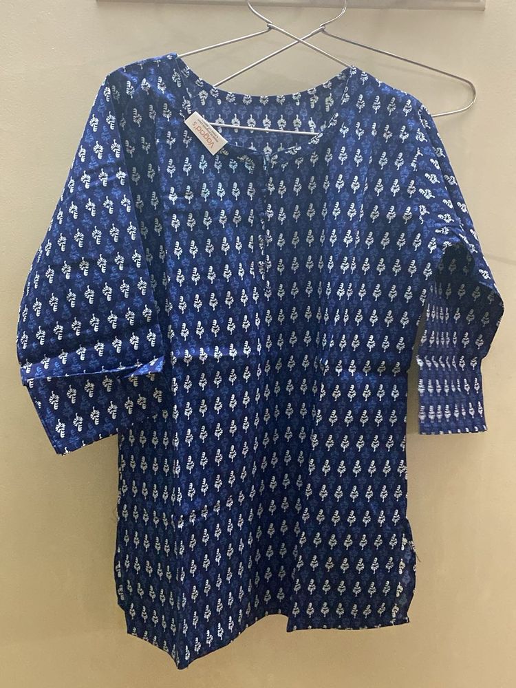 Blue Printed Cotton short Kurta