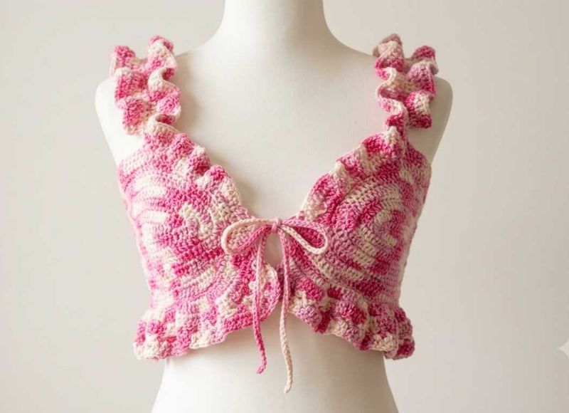 Crochet Pink Halter Top with Ruffles 🩷🎀