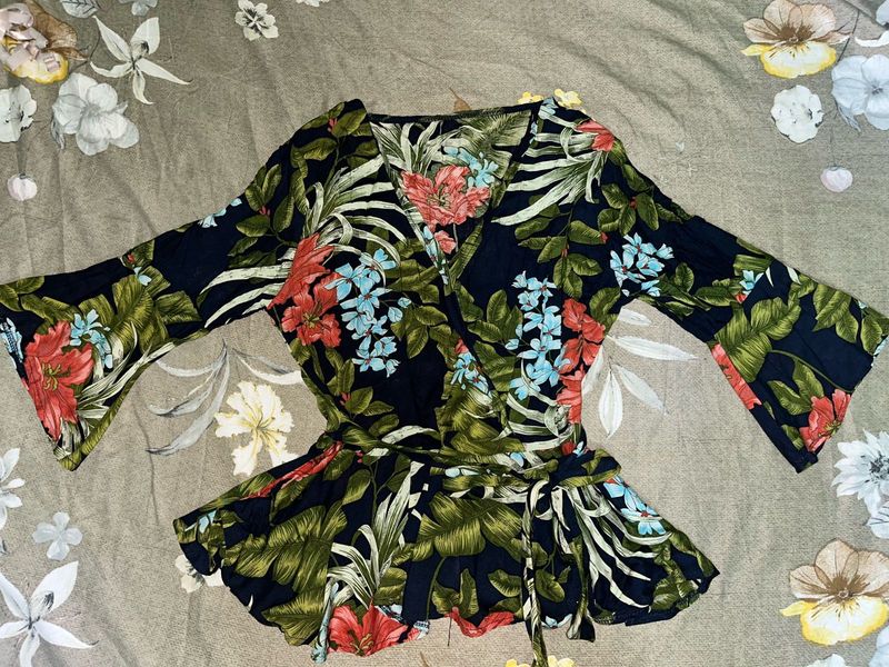 Floral Wrap Top with Bell Sleeves