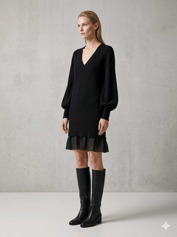 Black V-Neck Ruffle Dress