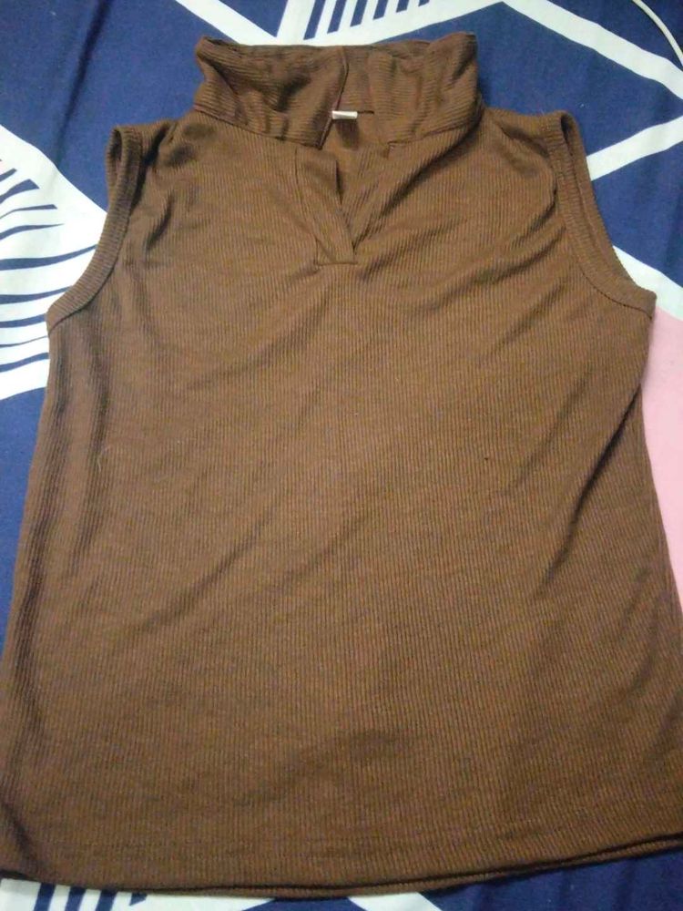 Brown Sleeveless Turtleneck Top