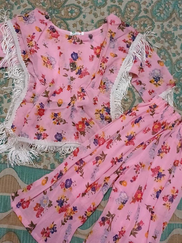 Pink Floral  Set with Fringe Detail