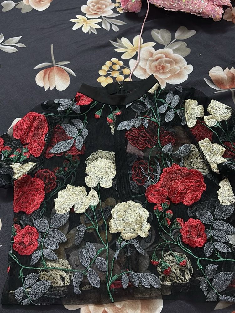 Elegant Floral Embroidered Sheer Blouse