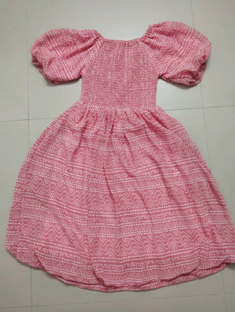 Pink and White Printed Smocked Dress