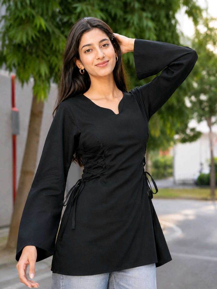 Chic Black Lace-Up Kurti Tunic