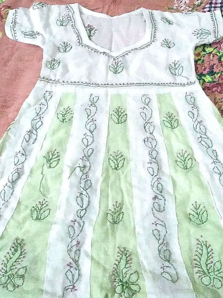 White &amp; Green Embroidered Dress