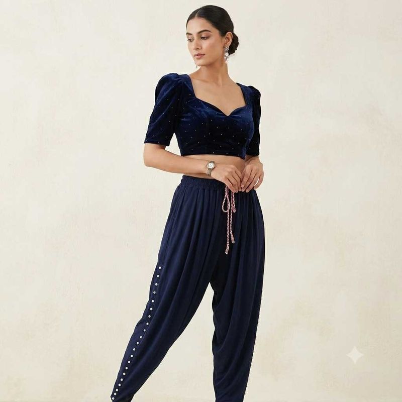 Navy Velvet Embellished Pants