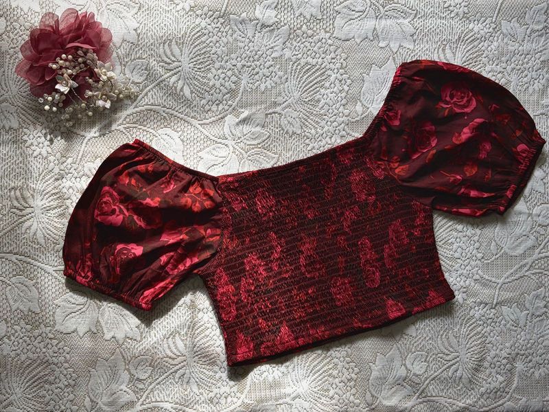 Burgundy Floral Smocked Puff Sleeve Top