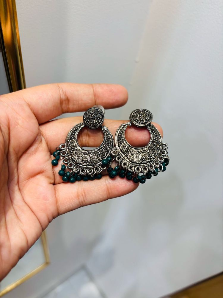 Oxidized Silver Jhumka Earrings with Green Beads