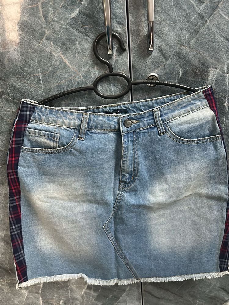 Denim Skirt with Plaid Side Detail
