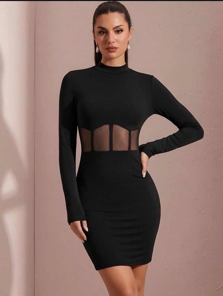 Chic Black Mesh Panel Bodycon Dress