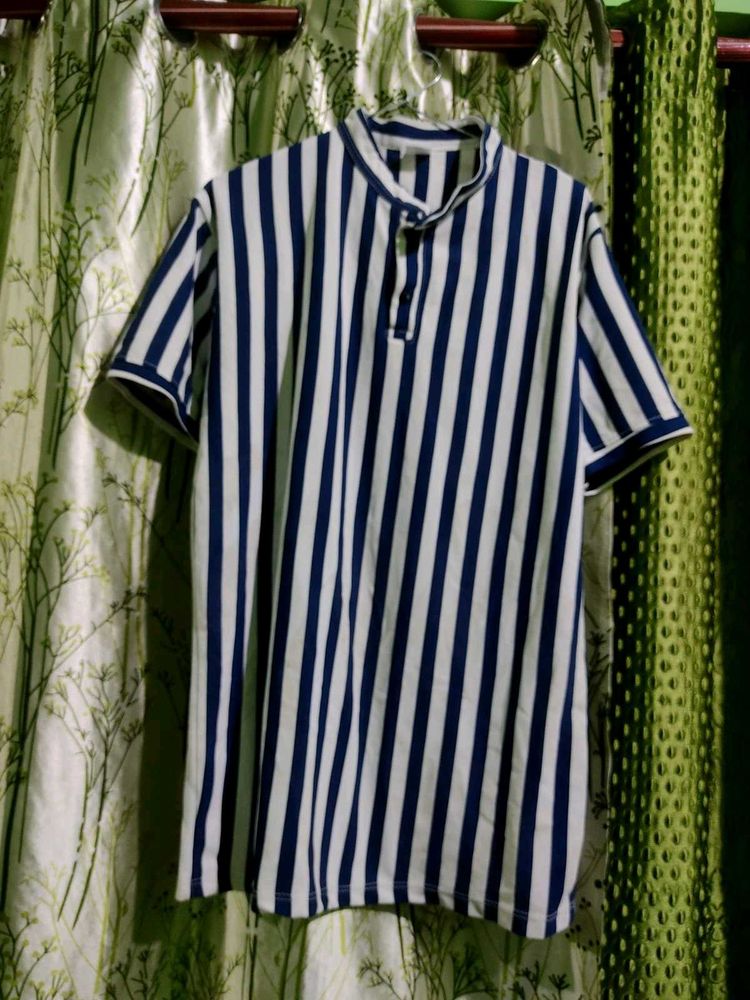 Men's Striped Band Collar Shirt