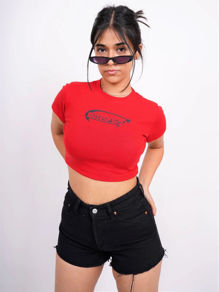 Burger Bae Red Cropped Graphic T-Shirt
