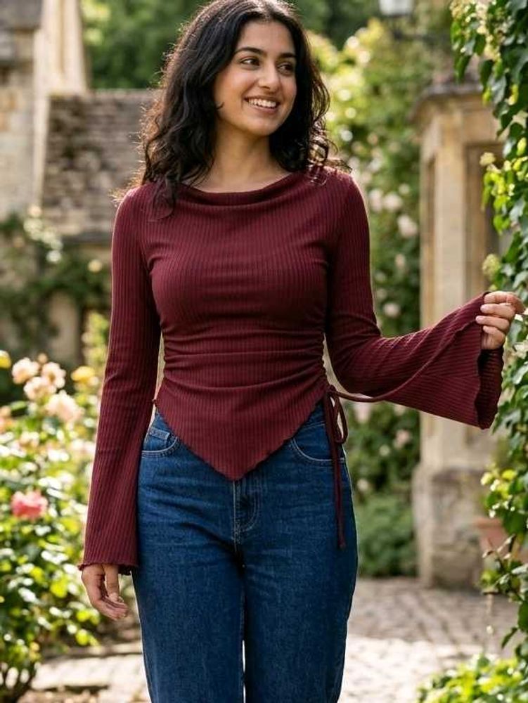 Maroon Ribbed Asymmetric Hem Top with Bell Sleeves