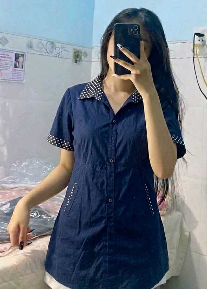 Chic Navy Polka Dot Collar Shirt