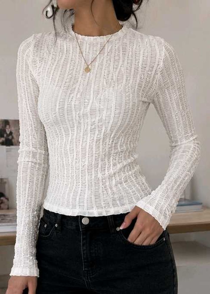 Textured Fitted White Full-Sleeve Top