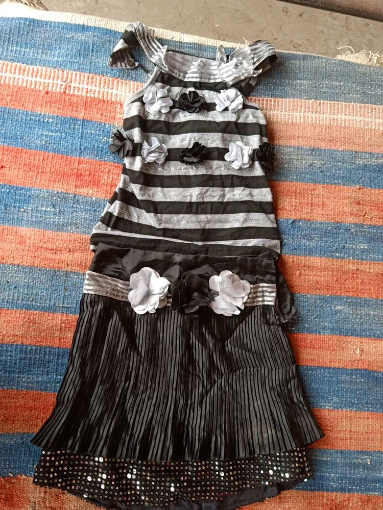 Striped Dress with Flower Appliques
