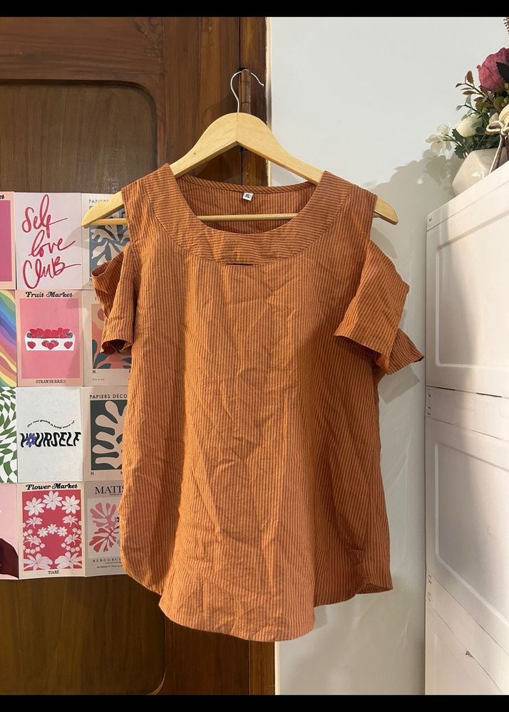 Orange Cold Shoulder Striped Top