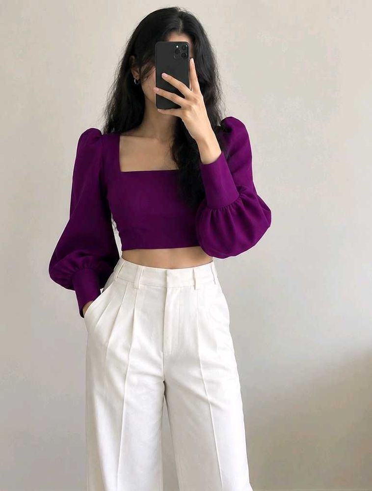 Elegant Purple Puff Sleeve Crop Top
