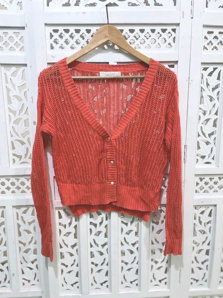 Chic Coral Knit Button Up Cardigan B