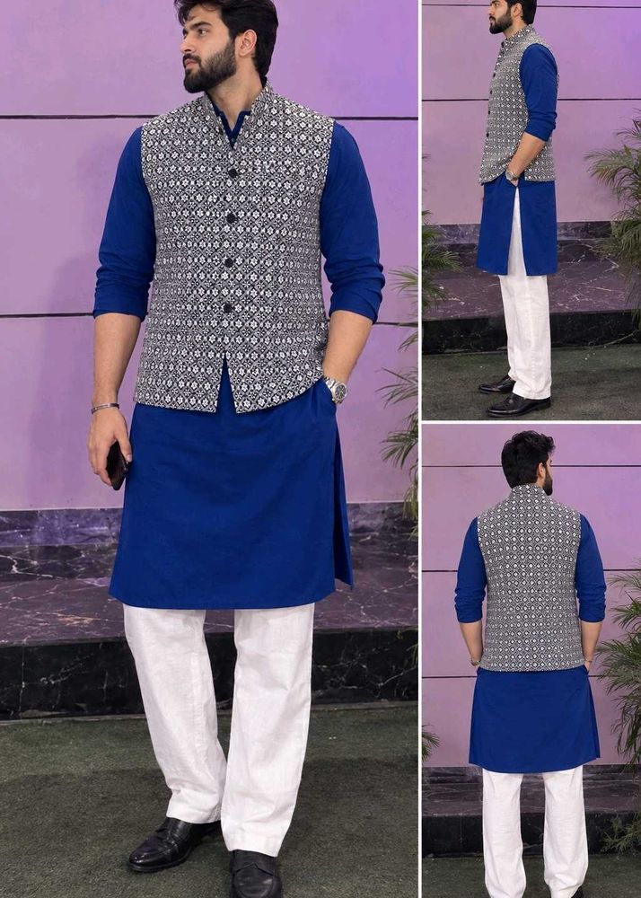 Men's Blue Kurta with Chikankari Nehru Jacket