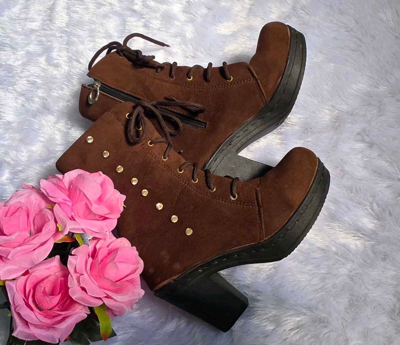Trendy Brown Heeled Ankle Boots with Stud Detail