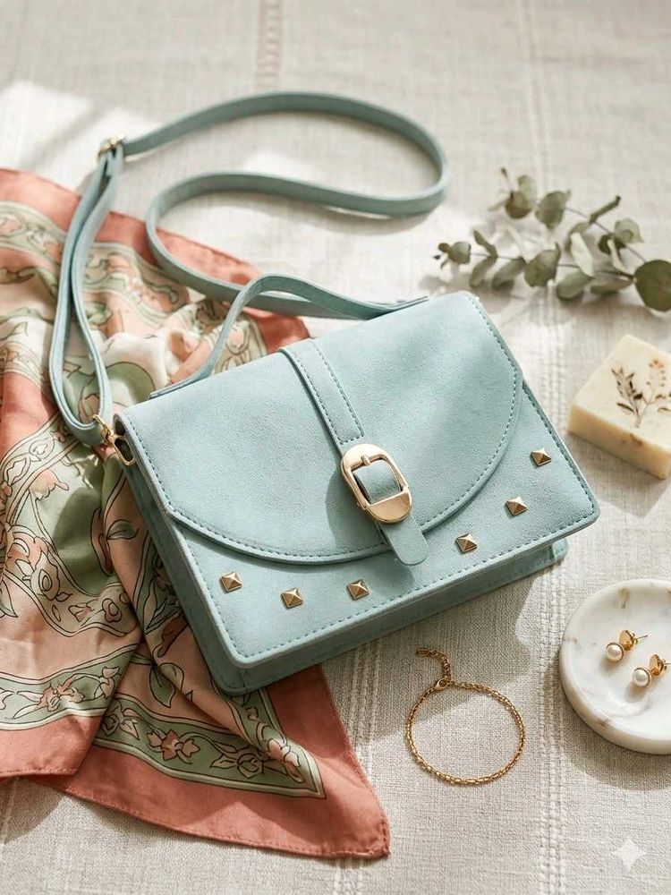 Chic Light Blue Studded Crossbody Bag