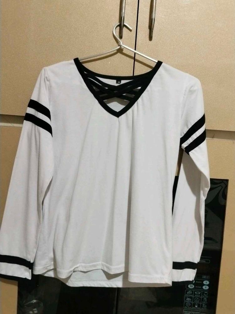 White Long Sleeve Top with Black Stripes