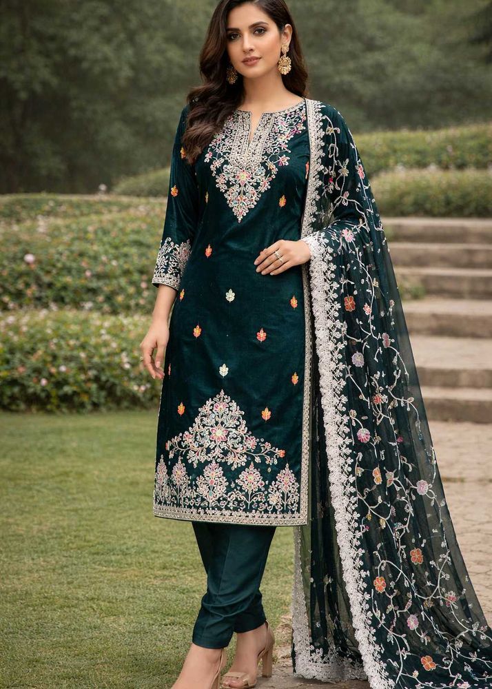 Embroidered Teal Velvet Kurta Set