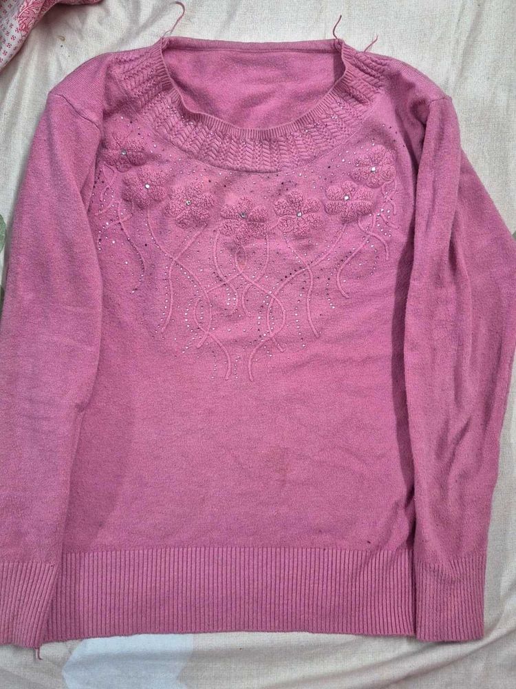 Pink Embellished Knit Sweater