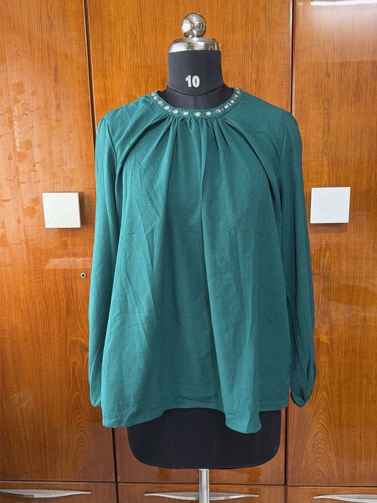 Elegant Teal Embellished Neck Top