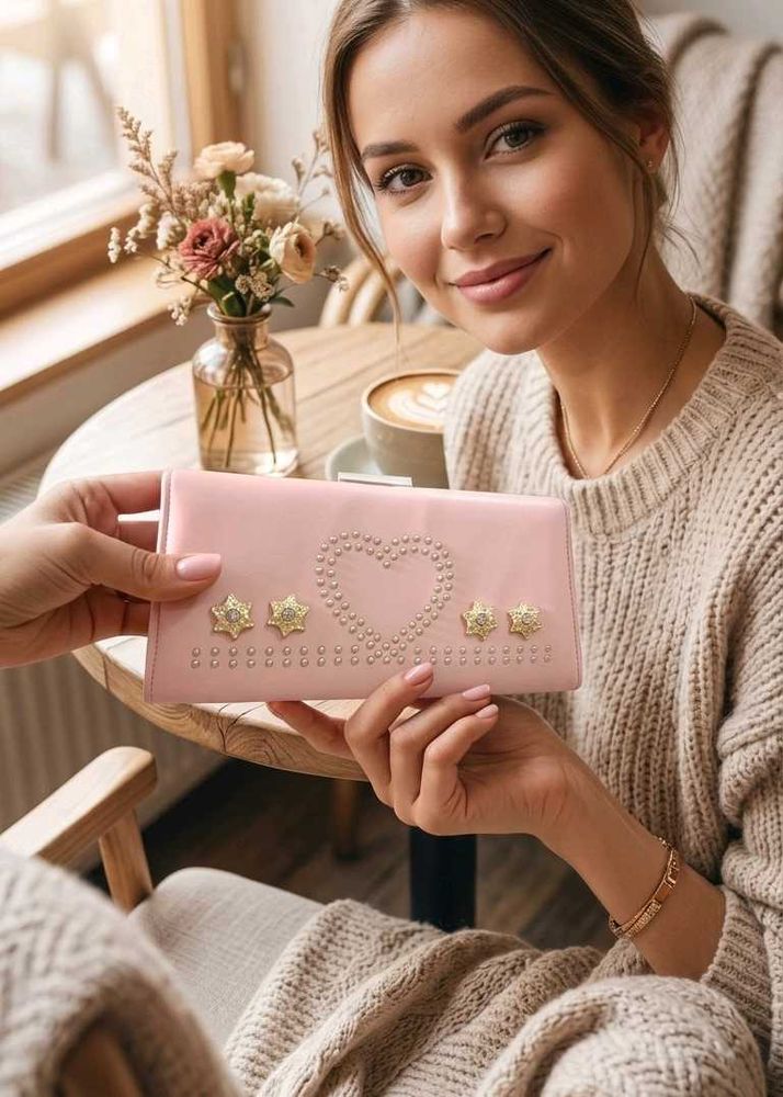 Pink Embellished Clutch with Heart Design