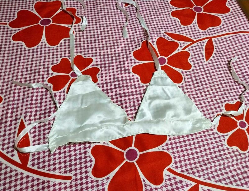 White Satin Triangle Bikini Top