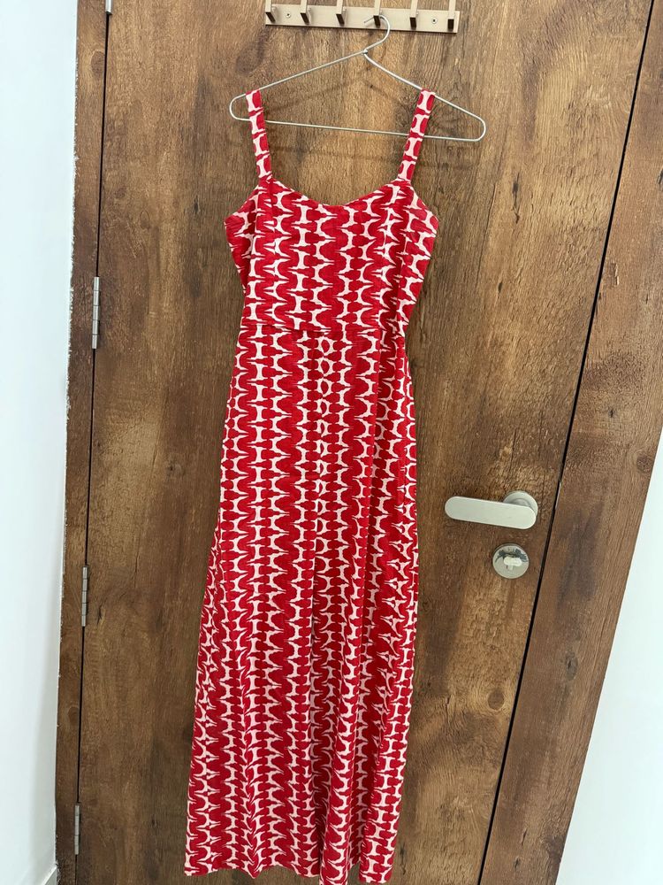 Red &amp; White Patterned Cotton Jumpsuit