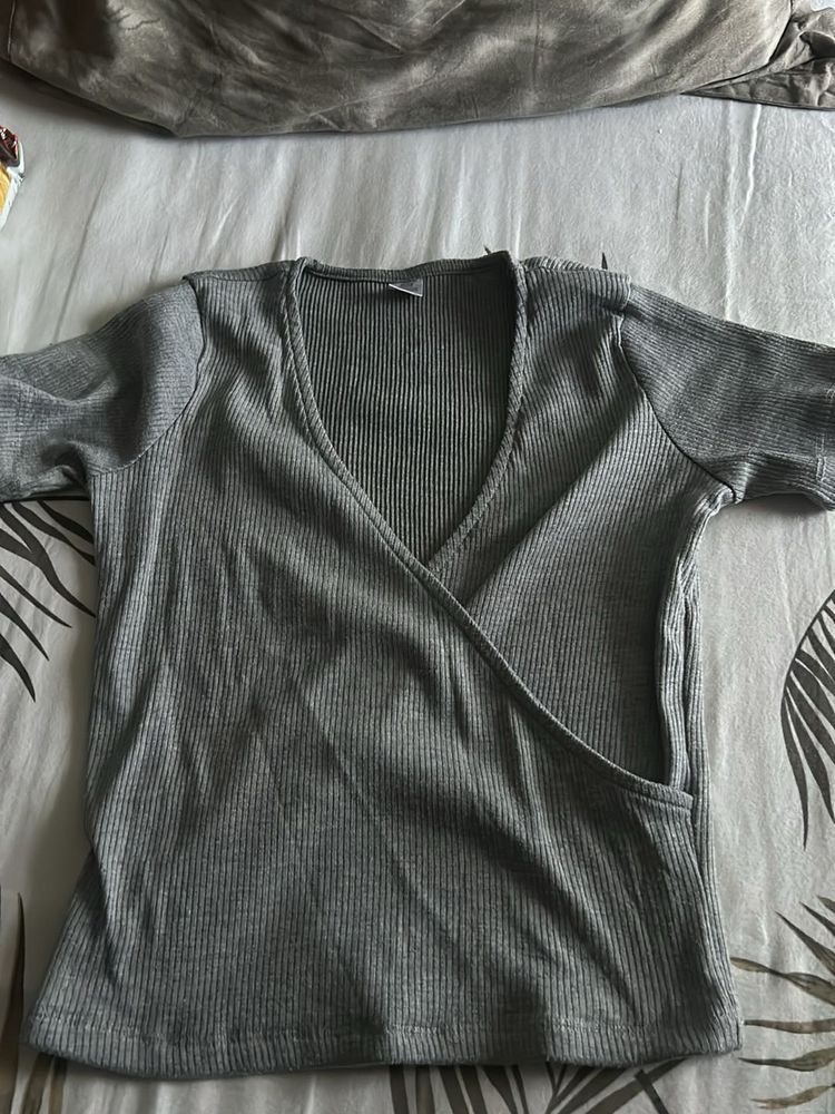 Grey Ribbed Wrap Top