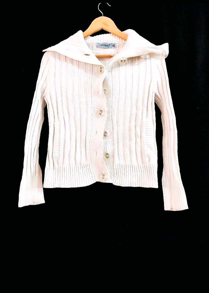 Women Korean White Ribbed Sweater