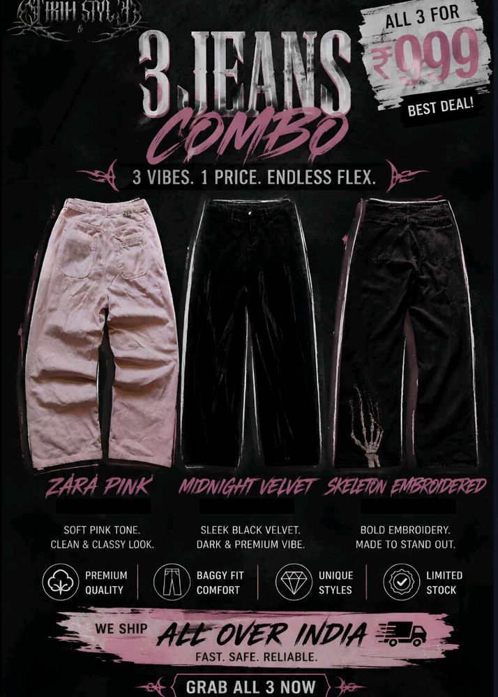 3 Jeans Combo - Pink, Velvet &amp; Skeleton