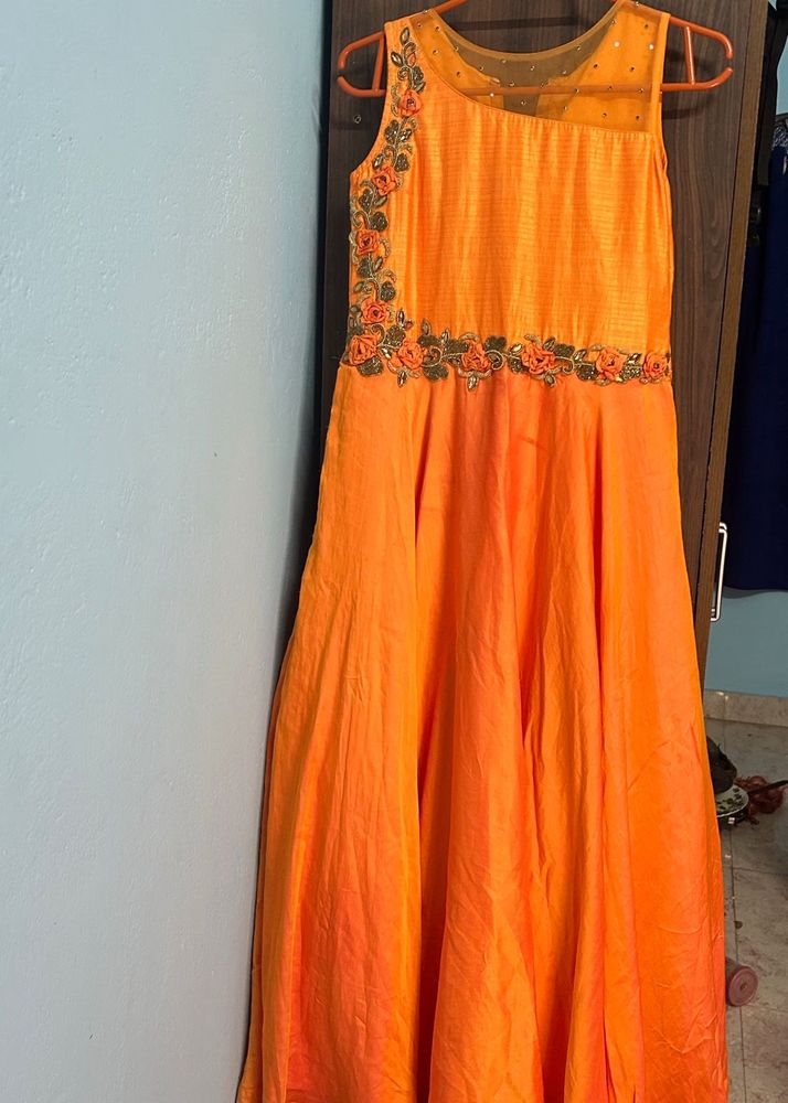 Stunning Orange Dabka work Ethnic Gown