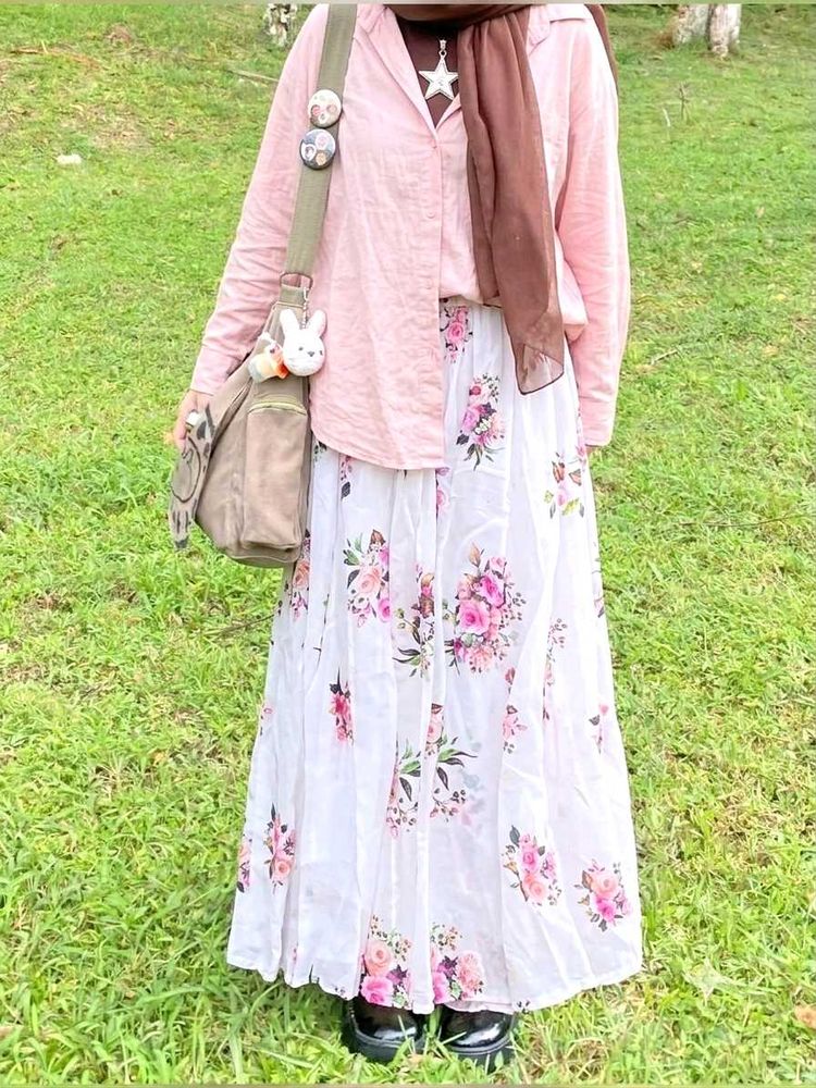 White Floral Chiffon Maxi Skirt