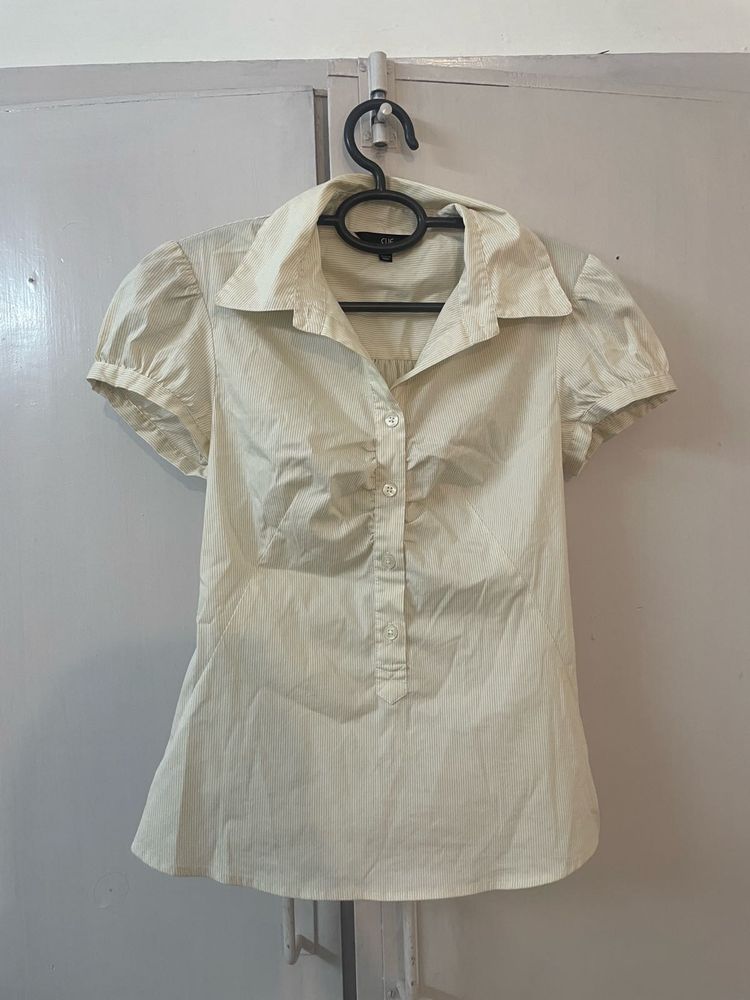 Cream Button-Up Fitted Shirt Top